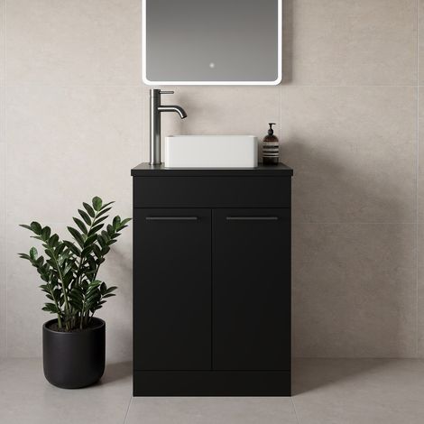 Napoli 390 Matt Black 600mm 2 Door Vanity Unit for Countertop Basins - 600mm - Gunmetal Grey 160mm Handle