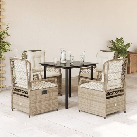 Salon de jardin 5 pièces avec 4 fauteuils inclinables, polyrotin beige, table noire en verre, 58.54kg - PANGIVO (1/5)