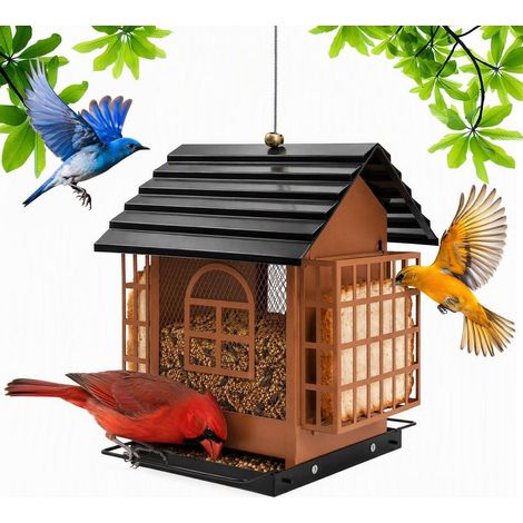 Metall Vogelfutterhaus zum Aufhängen, eichhörnchensicher, mit 2 Suet-Käfigen und wetterfestem Dach