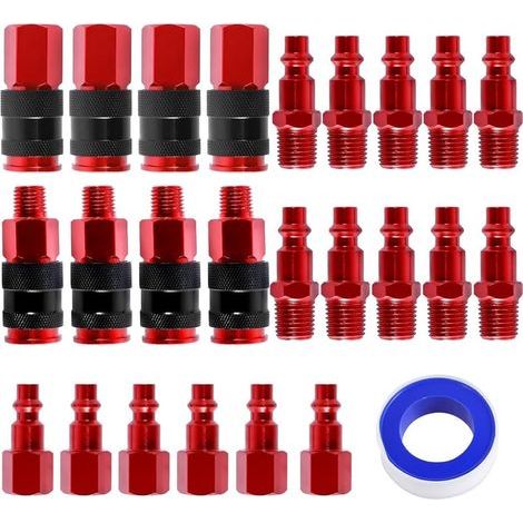 25 Pièces - Raccord Rapide - Bouchon Air - Alliage Aluminium - Pour Compresseur Et Atelier - Rouge - 1/4 Pouces NPT (1/5)