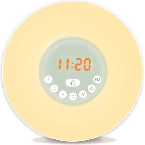 Beleuchteter Wecker – Farbiger Sonnenaufgangswecker – Wecker – Nachttischlampe – FM-Radio – Sonnenaufgang und Sonnenuntergang – 6 Naturgeräusche – Schlummerfunktion – Nachtlicht