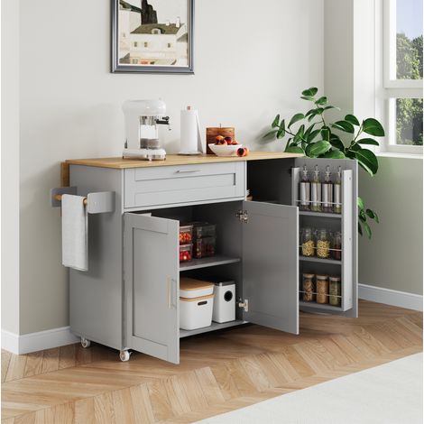 Îlot de cuisine mobile 132.5x44(70)x90 cm gris en MDF avec plateau rabattable et rangements (1/5)
