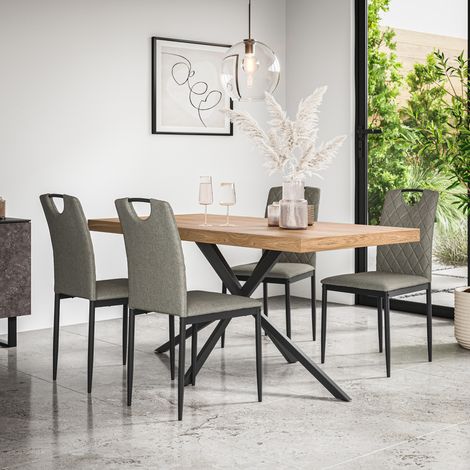 Donni Dining Table And Chairs - Oak Effect Table Top w Black Legs + Monza Linen Dining Chair Set Of 6 (Grey) (1/5)