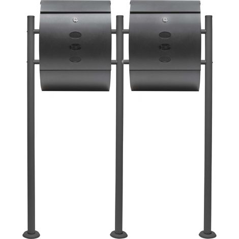 Wiltec Set de buzón doble V18 de diseño con marco de soporte para fijación al suelo, hueco para periódicos y cerradura, antracita, acero galvanizado, 1000 x 150 x 1200 mm, con mirillas (1/5)