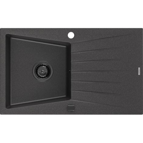 Mexen Cesar évier en granit à 1 cuve avec égouttoir 775 x 470 mm, Noir moucheté, siphon Noir - 6514771010-76-B (1/5)