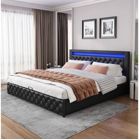 Bett mit Stauraum PU schwarz 140x200 cm, Polsterbett mit LED-Beleuchtung und Lattenrost (1/5)