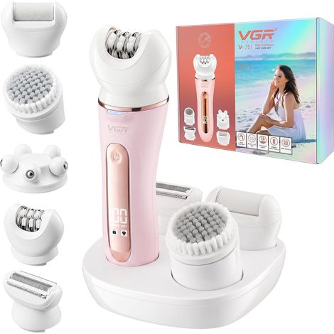 Epilateur Electrique Femme Sans Fil 5 En 1 Avec Étanche IPX6, Rose Rasoir Electrique Femme Avec Brosse Nettoyante Visage, Éliminateur De Callosités Et Tête De Massage, Epilateur Avec Écran LED (1/5)