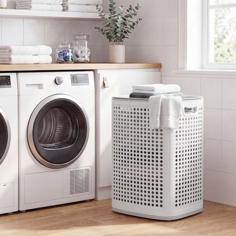 Panier à Linge en Plastique, Fin, Gain de Place, avec Couvercle, Buanderie, Salle de Bain, Chambre, Blanc et Gris (1/5)
