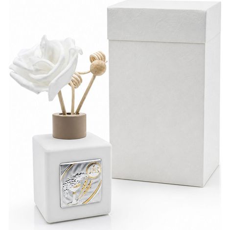 10 Bomboniere per comunione in ceramica di colore bianco, misura 6x6x8,5 cm, cubo profumatore con placca silver (1/5)