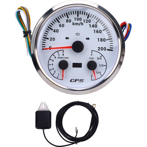 Compteur kilométrique GPS 110 mm 0 à 200 km/h Tachymètre multifonctionnel 8 000 tr/min E-1/4-1/2-3/4-F Jauge de niveau de carburant avec clignotants pour camping-cars, yachts, camions, cadran blanc, l (1/5)