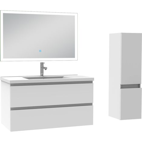 Ensemble meuble de salle de bain 100cm, vasque céramique + colonne + miroir lumineux, blanc (1/5)