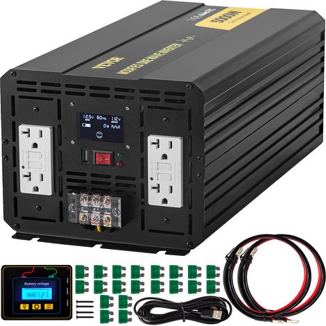 VEVOR Convertitore di Energia Trasformatore a Onda Modificata, Adattatore per Veicoli da 12 V CC a 110 V CA, Schermo LCD, Telecomando, Luce LED Prese GFCI per Camper, Barche