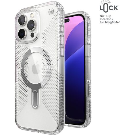 Custodia Speck Presidio Perfect-Clear Grip ClickLock e MagSafe per iPhone 16 Pro Max (Trasparente / Finitura cromata / Argento sereno) (1/5)