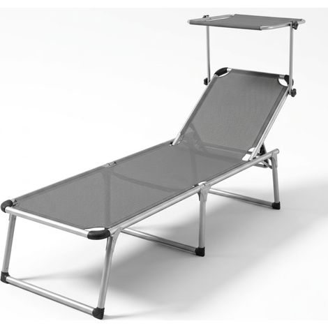 Lettino Pieghevole Prendisole Con Tettuccio Parasole Schienale Reclinabile Regolabile In 6 Posizioni Sedia Sdraio Struttura In Alluminio Per Spiaggia Mare Giardino Piscina 187 x 59 x 29 Cm Grigio Scur