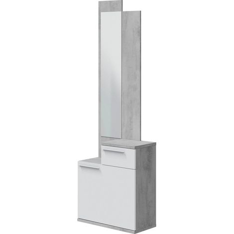 Dmora - Mobile da ingresso Waltham, Scarpiera multifunzione con specchio, Armadio a 1 anta e 1 cassetto, 61x28h185 cm, Cemento e Bianco lucido, con imballo rinforzato (1/5)