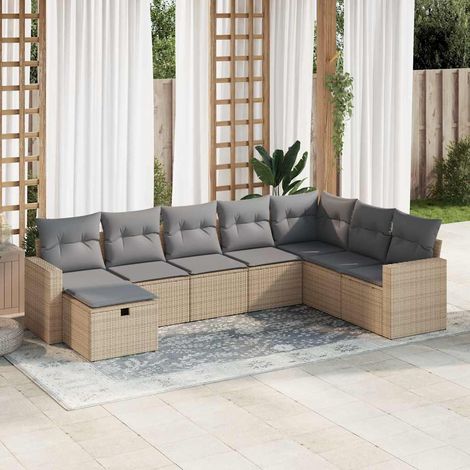 8-tlg. Garten-Sofagarnitur mit Kissen Beige Poly Rattan (1/5)