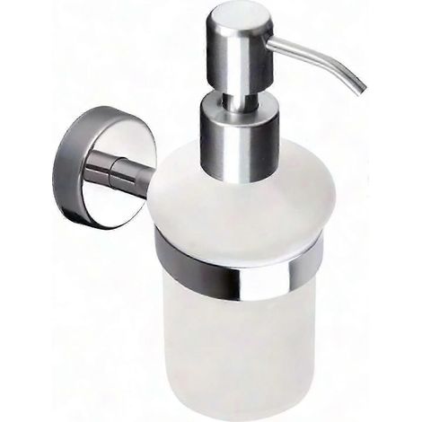 Distributeur de savon liquide mural en verre dépoli, support inclus, finition acier inoxydable poli, fixation murale robuste (1/2)