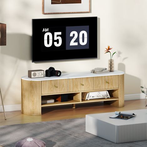 Meuble TV 140 cm, meuble télé pour téléviseur 65 pouces effet marbre 3 tiroirs façades à cannelures effet bois naturel (1/5)