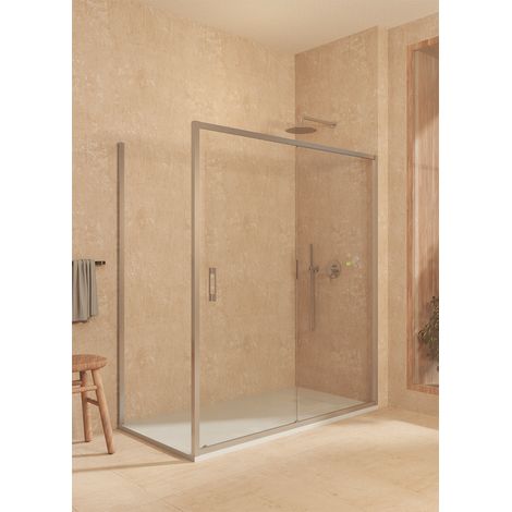 Duschabtrennung frontal + seitliches Festteil, mit unteres Profil, 6mm Sicherheitsglas Antikalk, 170-174cm x Seitenwand 77,5-80cm, H=195cm, Silber