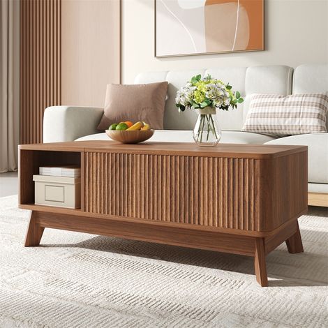 Table Basse Relevable Design Ondulé - 95x48x50 cm - Table de Salon avec Rangement Caché et Compartiment Ouvert - Noyer (1/5)
