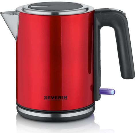 SEVERIN Bouilloire compacte à ouverture extra large, 2 400 W, Petite bouilloire au design moderne, Capacité : 1 L, Socle 360°, Bouilloire électrique avec filtre anticalcaire, inox/rouge, WK 3427 (1/5)