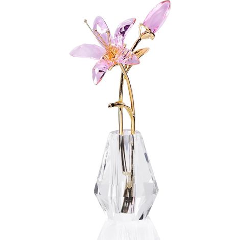 Figurine de lys en cristal rose JeiibrZui - Fleurs en verre faites à la main avec vase en cristal - 15 cm de haut - 1 pièce - Ornement décoratif pour mariage, Saint-Valentin et décoration de table (1/5)