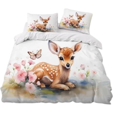 Parure de lit en microfibre, motif cerf, housse de couette 220 x 240 cm avec 2 taies d'oreiller 65 x 65 cm, ultra douce (1/4)