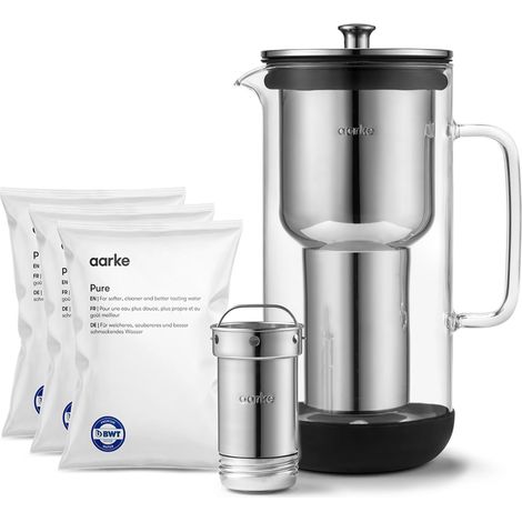 carafe filtrante en verre et acier inoxydable (2,4 L / 10 tasses) + lot de 3 sacs de recharge de filtre Pure (1/5)
