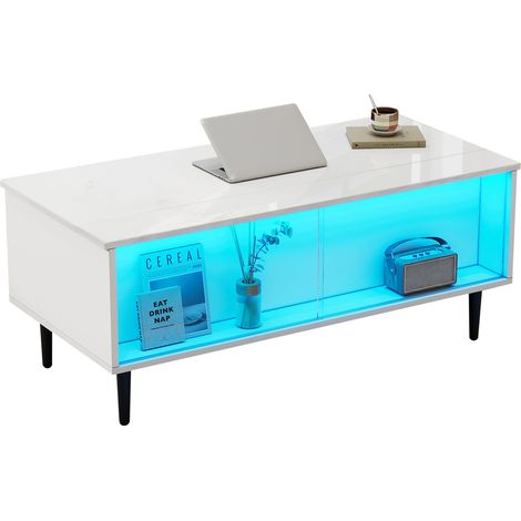 Table basse relevable 105 x 50 cm avec rangement dissimulé, LED pilotées par application, plateau brillant et verre trempé blanc pour salon moderne  CHICFURN (1/5)