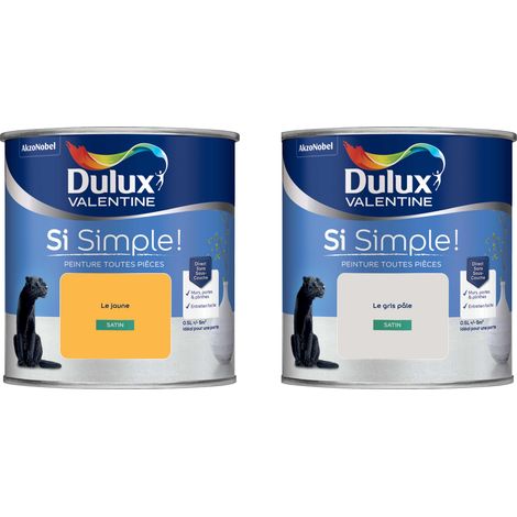 Dulux Valentine Peinture Si Simple Lot de 2 Peinture Intérieure Toutes Pièces Satin - Peinture Murs et Plafonds, Portes et Plinthes - Couleurs : Le Gris Pâle & Le Jaune 0,5 L