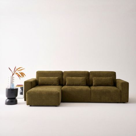 Canapé d'angle convertible réversible 3 places tissu chenille avec coffre de rangement - Theo Chenille Vert bronze (1/5)
