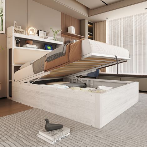 Cadre de lit 90x200 cm à mécanisme hydraulique, ports USB, tête rembourrée, style rétro bois et métal, espace de rangement secret, lit simple moderne blanc meuble chambre