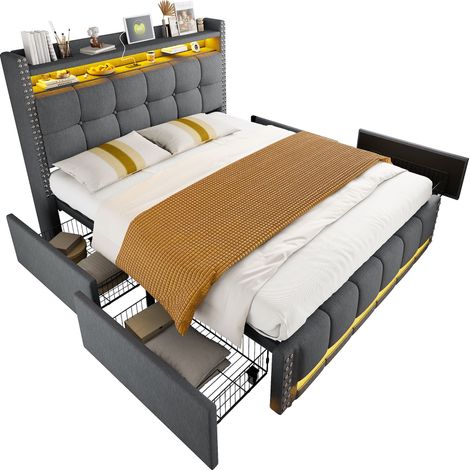 Cama tapizada de lino gris 160x200 cm con LED, USB, almacenaje en cabecero y 4 cajones (1/5)
