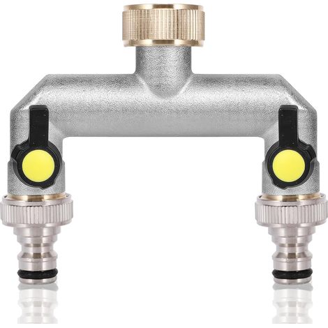 Divisor de agua de 2 vías de 3/4", grifo de aleación de zinc, accesorio de agua, distribuidor de manguera de jardín con adaptador de 1/2" y válvula de corte individual para jardín, lavadero, etc. (1/5)