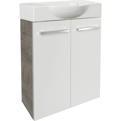 Fackelmann STANFORD SBC Gäste-WC Set 2 Teile – Waschtischunterschrank in Weiß mit Holz Braun mit Waschbecken aus Keramik – Waschbeckenunterschrank schmal – 2 Türen – Hahnloch rechts – 55 cm breit"-"90 (1/5)