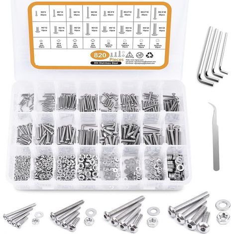 Assortiment de 820 vis à tête cylindrique en acier inoxydable 304, écrous, rondelles, M2, M2.5, M3, M4