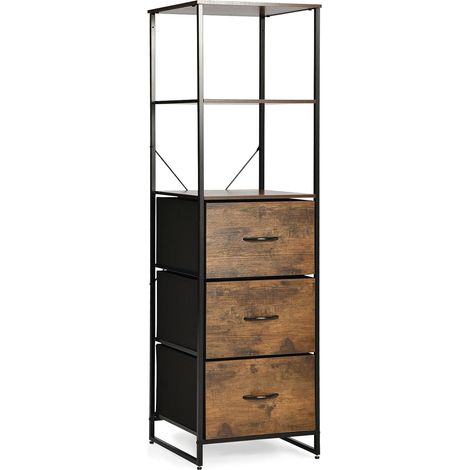 COSTWAY 3-Drawer Dresser, Fabric Chest of Drawers with Wooden Top and Front, Metal Frame Storage Cabinet Tower Organizer Unit for Bedroom Living Room Hallway (3 Drawers+3-Tier Tall Shelf, Brown) (1/5)