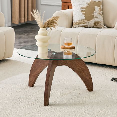 Table basse ronde moderne, plateau en verre trempé, cadre MDF robuste à 3 pieds, table en verre pour salon, couleur bois foncé (1/5)
