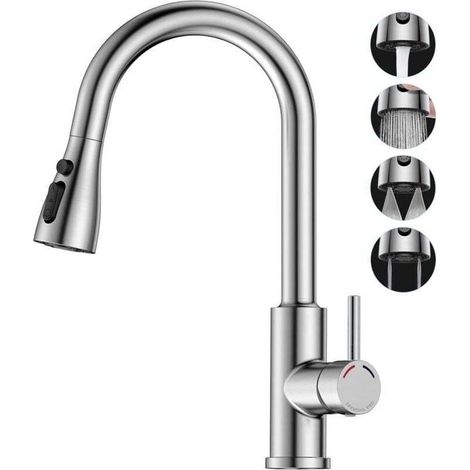 Robinet Cuisine avec Douchette Extensible Mitigeur - PRO Rabattable Mitigeur Robinet Evier de Cuisine avec 4 Douchette Modes, 360° d'É (1/4)