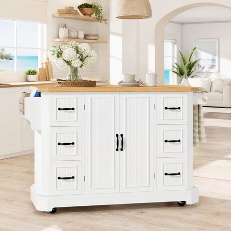 Isola da cucina mobile 120 x 45 x 91 cm con 2 ante, 6 cassetti e ruote, bianco e nero HAVRYA (1/5)