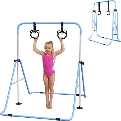 Barre gymnastique enfant pliable avec hauteur réglable et anneaux, équipement bleu