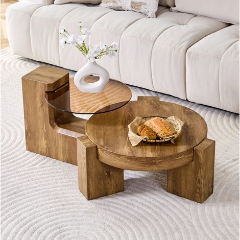 Lot de 2 tables basses rondes en MDF bois clair et verre de sécurité brun teinté, 61 x 30 cm, 2 niveaux, séparables en tables d'appoint, pieds en L FLORAGRACE (1/5)