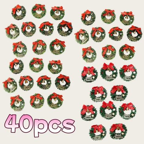 40 Mini-Weihnachtskränze mit roten Schleifen und goldenen Glöckchen – Papier-Weihnachtsdekorationen im Vintage-Stil, perfekt für Weihnachten und Partys.