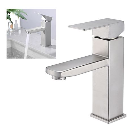 Robinet Salle de Bain Carré Mitigeur Lavabo Gris Chaud & Froid Réglable, Robinet Lavabo avec Poignée en Inox Brossé (1/5)