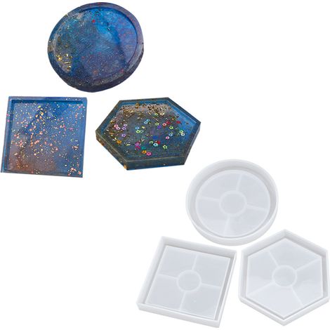 Lot de 3 moules à sous-verres en résine époxy (carré, rond, hexagone) en silicone pour moulage de résine, sous-verres à faire soi-même (1/5)
