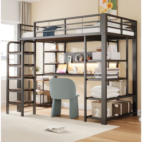 Hochbett 90x200 mit Schreibtisch, LED und Regal OKMYHOME (1/5)