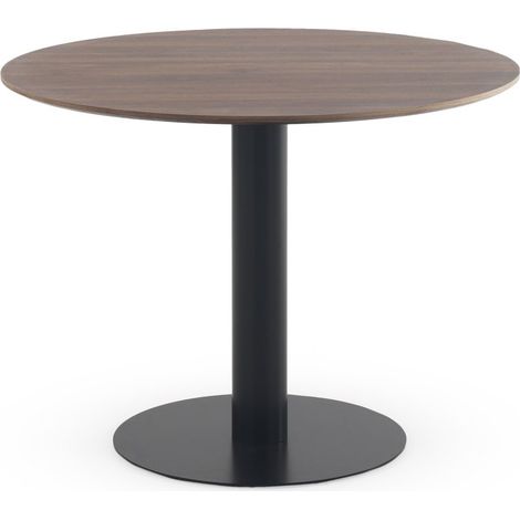 Table en mélamine noyer, diamètre 100 cm, piètement central en métal noir (1/5)