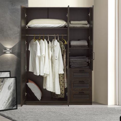 Armario Ropero Finning 1 perchero 4 compartimentos 3 cajones 176x120x52 cm - Efecto nogal oscuro [en.casa]