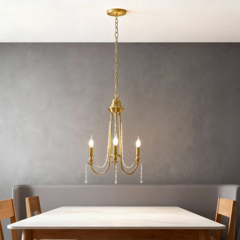 Lustre moderne fermier doré – 3 lumières, perles bois blanches vieillies – Fer laiton, style shabby chic – Idéal pour salle à manger, salon, cuisine, chambre et entrée-Ampoule tricolore (1/5)