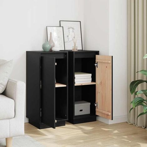 Ensemble de 2 Meubles de Rangement Bas en Pin Massif, Buffet de Salle à Manger Noir 31,5x34x75 cm, Étagère de Cuisine avec Portes et Tiroirs, Style Moderne pour Salon et Entrée (1/5)